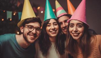 uma grupo do jovem adultos comemoro com cheio de dentes sorrisos dentro de casa gerado de ai foto