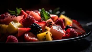 saudável fruta salada com uma gourmet variação em uma de madeira prato gerado de ai foto