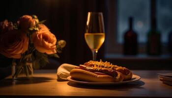 grelhado carne e copo de vinho em rústico mesa, perfeito verão Aperitivo gerado de ai foto