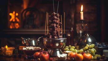 gourmet refeição em de madeira mesa com queimando vela e vinho gerado de ai foto