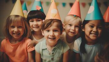 sorridente Rapazes e meninas dentro uma fofa aniversário festa retrato gerado de ai foto