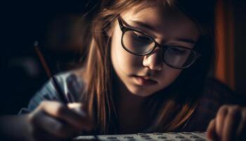 jovem mulheres estudando dentro de casa usando tecnologia para Educação e concentração gerado de ai foto