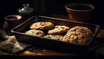 caseiro chocolate lasca biscoitos em rústico mesa, pronto para comer indulgência gerado de ai foto