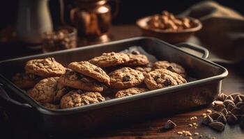 caseiro chocolate lasca biscoitos em rústico de madeira mesa, indulgente lanche gerado de ai foto