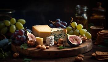 uma rústico francês gourmet refeição com fresco fruta e queijo gerado de ai foto