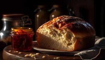 rústico caseiro pão em Sombrio madeira mesa, saudável lanche opção gerado de ai foto