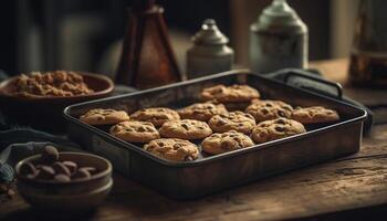 caseiro chocolate lasca biscoitos em rústico de madeira mesa, indulgente sobremesa gerado de ai foto