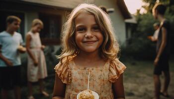 sorridente caucasiano menina desfrutando verão ao ar livre com família e amigos gerado de ai foto