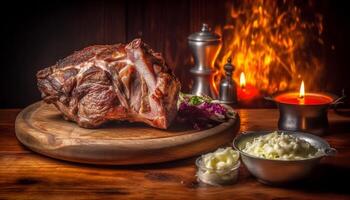 grelhado carne bife em rústico de madeira mesa, pronto para comer gerado de ai foto