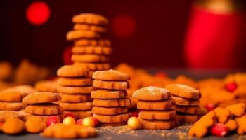 caseiro Pão de gengibre biscoitos empilhado em rústico madeira mesa para Natal gerado de ai foto