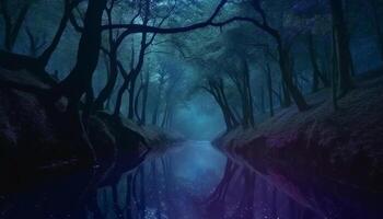 mistério floresta assustador silhueta, tranquilo cena, outono folhas, azul reflexão gerado de ai foto