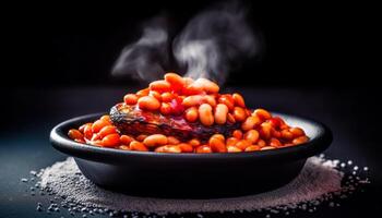 fresco orgânico vegetariano refeição em de madeira prato com colorida ingredientes gerado de ai foto