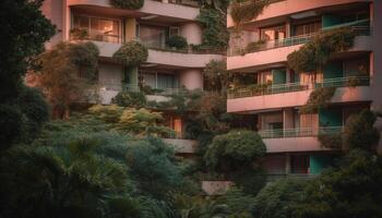 moderno sacada tem vista para paisagem urbana às crepúsculo, iluminado de rua luzes gerado de ai foto