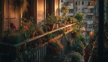 fresco em vaso plantas decorar sacada do velho construção às crepúsculo gerado de ai foto