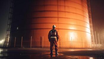 engenheiro dentro trabalhos capacete supervisiona combustível armazenamento tanque construção local gerado de ai foto