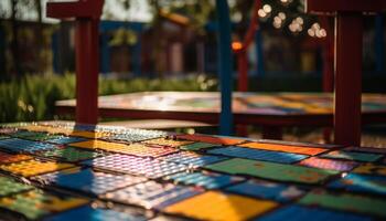 vibrante cores iluminar moderno ao ar livre mesa decoração com abstrato formas gerado de ai foto