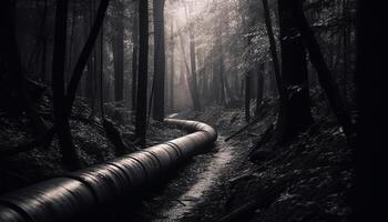 assustador floresta caminho, molhado com névoa, Preto e branco mistério gerado de ai foto