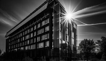 moderno arranha-céu silhueta contra brilhante azul verão céu, refletindo aço tecnologia gerado de ai foto