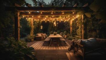 rústico cadeira dentro iluminado floresta, perfeito para ao ar livre relaxamento gerado de ai foto