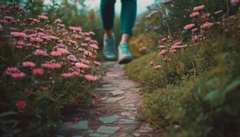 saudável homens caminhada dentro natureza, desfrutando a beleza do outono gerado de ai foto