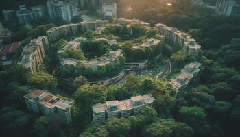 panorâmico aéreo Visão do financeiro distrito arranha-céus às crepúsculo gerado de ai foto