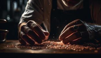 artesão preparando doce sobremesa dentro caseiro cozinha usando trabalhos Ferramentas gerado de ai foto