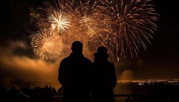 homens e mulheres comemoro quarto do Julho com fogos de artifício às crepúsculo gerado de ai foto