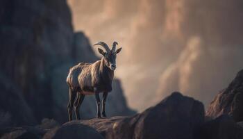 íbex em pé em montanha pico, silhueta contra pôr do sol céu gerado de ai foto