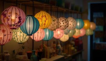 vibrante papel lanternas iluminar tradicional chinês celebração dentro cidade ruas gerado de ai foto