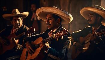 grupo do homens e mulheres jogando guitarra, cantando e sorridente gerado de ai foto