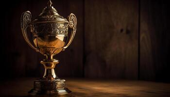 dourado troféu em rústico de madeira pedestal simboliza campeonato sucesso gerado de ai foto