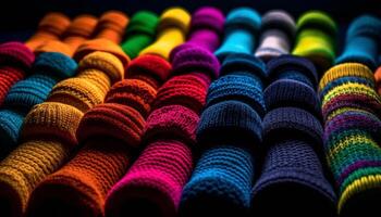 uma vibrante coleção do multi colori de lã roupas dentro uma loja gerado de ai foto