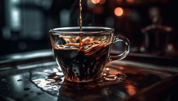 quente café derramar, espumoso cappuccino caneca, vapor e reflexão gerado de ai foto