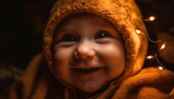 fofa sorridente bebê retrato, alegre e brincalhão dentro caloroso inverno roupas gerado de ai foto