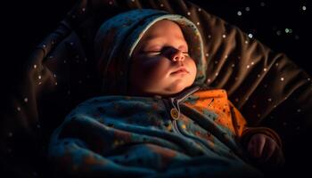 sereno bebê Garoto dormindo pacificamente embrulhado dentro acolhedor cobertor ao ar livre gerado de ai foto