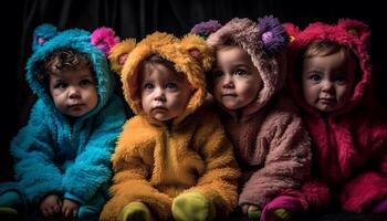três pequeno crianças sentado dentro uma linha, sorridente e brincalhão gerado de ai foto