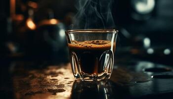 quente café dentro uma Sombrio madeira caneca, uma cafeína vício relaxamento gerado de ai foto