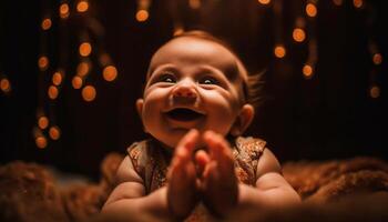 fofa caucasiano criança pequena sorridente, iluminado de Natal luzes dentro de casa às noite gerado de ai foto