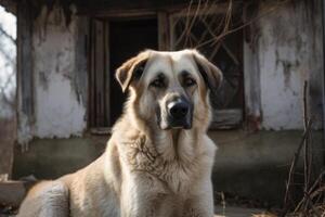 retrato do uma grande cachorro dentro uma fundo do a velho casa ai gerado foto