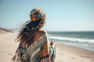 retrato do lindo jovem mulher com grandes cabelo vestindo cachecol em a praia, uma jovem boêmio senhora vestindo boho estilo roupas em uma praia, ai gerado foto