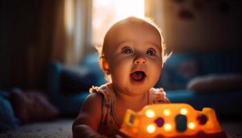 sorridente bebê Garoto jogando com brinquedo dentro confortável vivo quarto gerado de ai foto