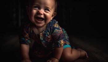 sorridente bebê garoto, retrato do inocência e felicidade, dentro de casa gerado de ai foto