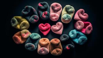 multi colori lã coração em forma crochê presente, perfeito para inverno romance gerado de ai foto