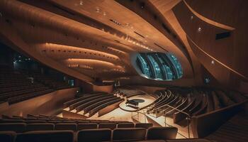 moderno arquitetura ilumina esvaziar auditório com confortável cadeiras dentro linhas gerado de ai foto