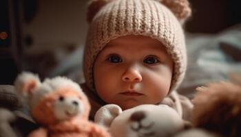 sorridente bebê Garoto dentro tricotar boné tocam com Urso de pelúcia Urso gerado de ai foto