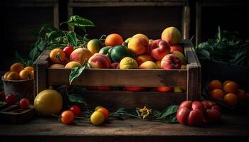 rústico engradado detém ampla coleção do fresco orgânico legumes e frutas gerado de ai foto