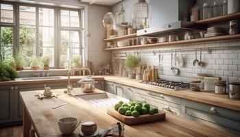 moderno cozinha ilha com inoxidável aço eletrodomésticos e rústico madeira pavimentos gerado de ai foto