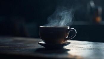 Sombrio café caneca em rústico madeira mesa, vapor Aumentar convidativamente gerado de ai foto