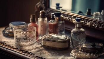 luxo vidro coleção, Antiguidade elegância, velho formado uísque ainda vida gerado de ai foto