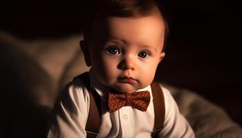 alegre bebê Garoto dentro arco gravata, olhando às Câmera inocentemente gerado de ai foto
